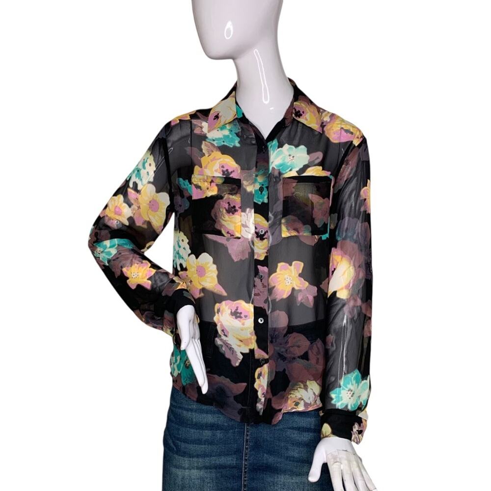 Decree Chiffon Collared Button Down Shirt Floral Print Long Sleeve Size S